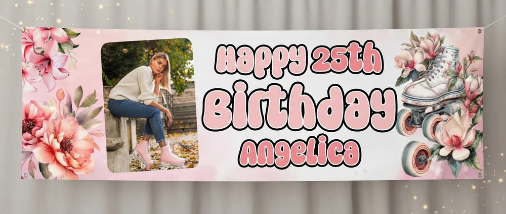 Personalised Floral Roller Skates Birthday Party Banner displayed against a plain studio background