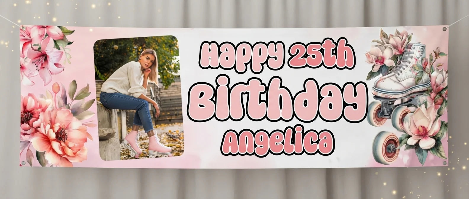 Personalised Floral Roller Skates Birthday Party Banner displayed against a plain studio background