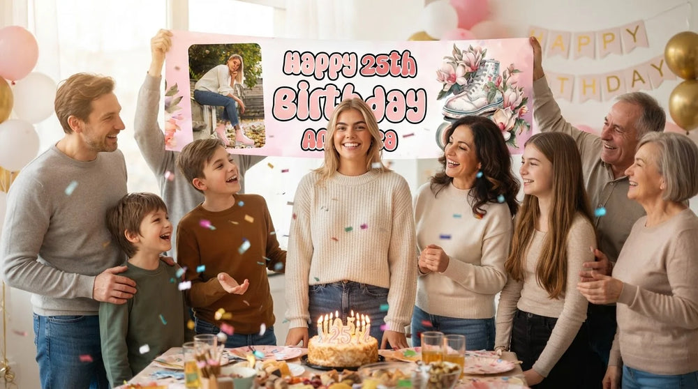 Friends and family celebrating with the personalised Floral Roller Skates Birthday Party Banner