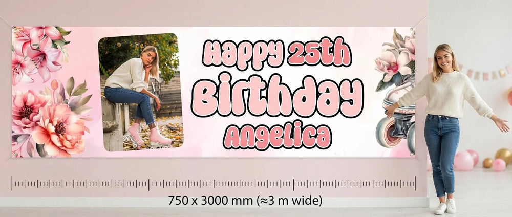 Person standing beside the Floral Roller Skates Birthday Party Banner for scale, with size guide showing 750 x 3000 mm