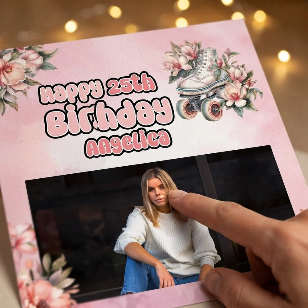 Close-up of the personalised name and photo printed on the Floral Roller Skates Birthday Party Mega Card