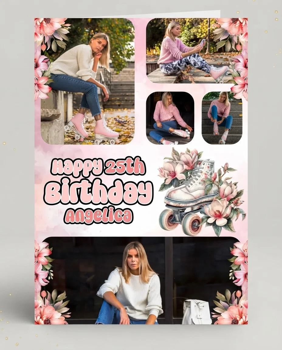Personalised Floral Roller Skates Birthday Party Mega Card displayed against a plain studio background