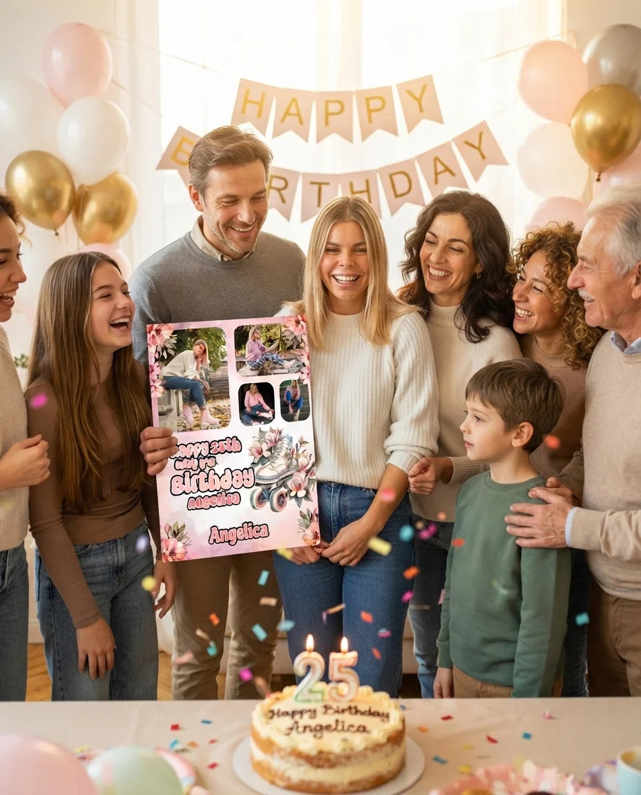 Friends and family celebrating with the personalised Floral Roller Skates Birthday Party Mega Card