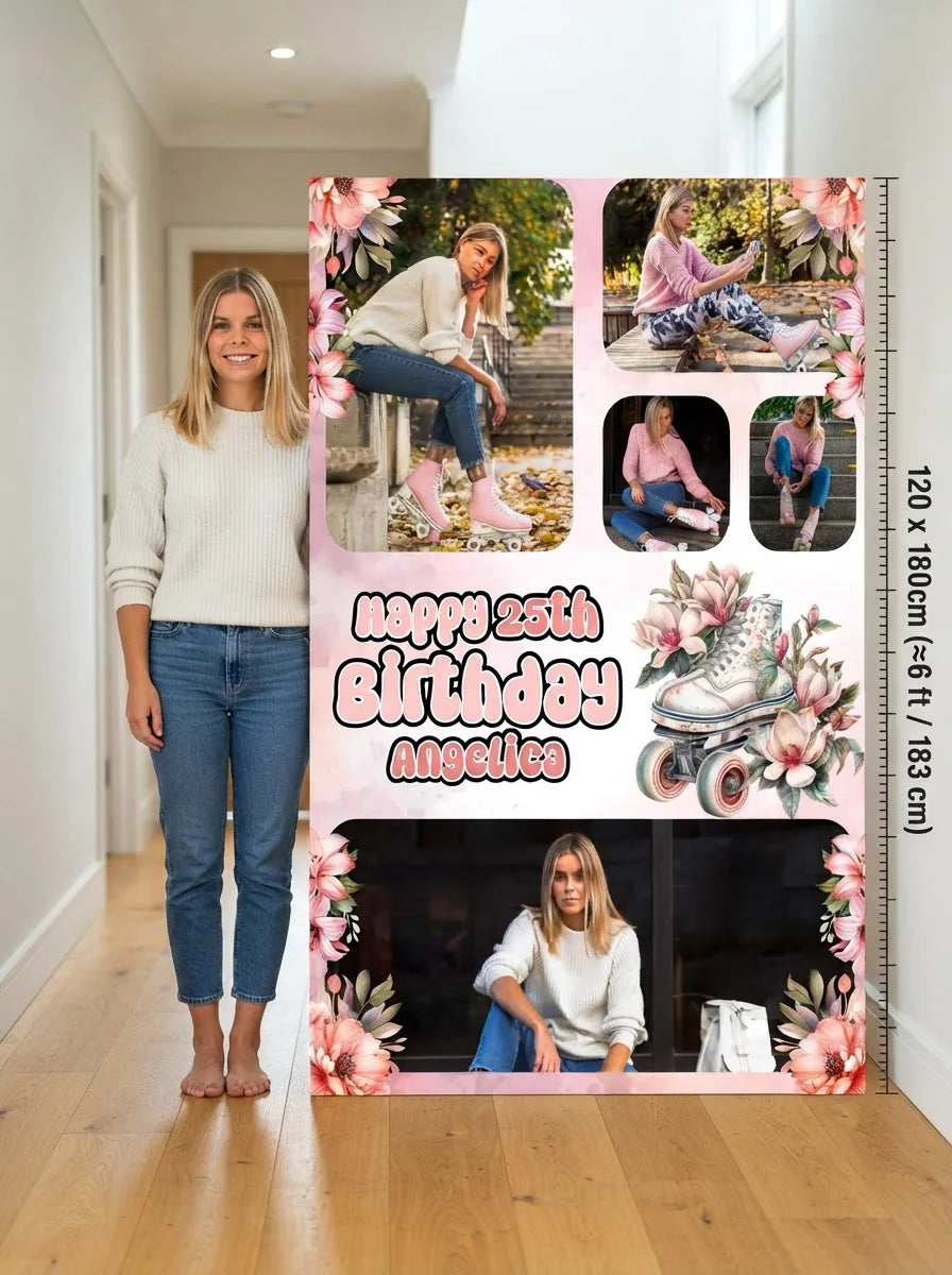 Person standing beside the Floral Roller Skates Birthday Party Mega Card for scale in a size guide