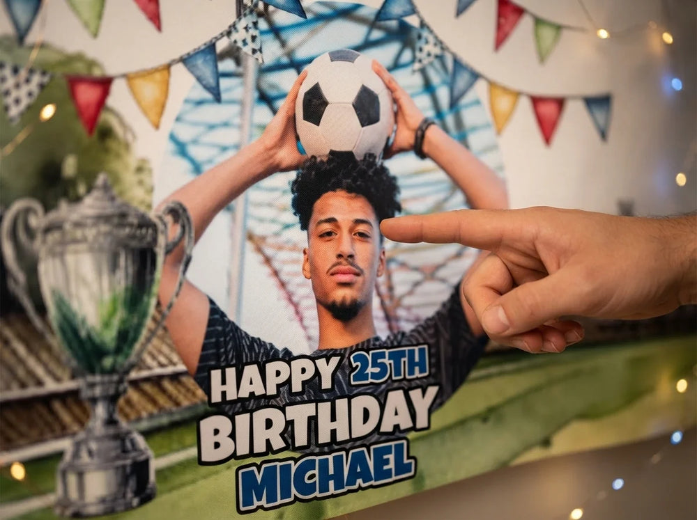 Close-up of the personalised name and photo printed on the Soccer Theme Birthday Party Banner