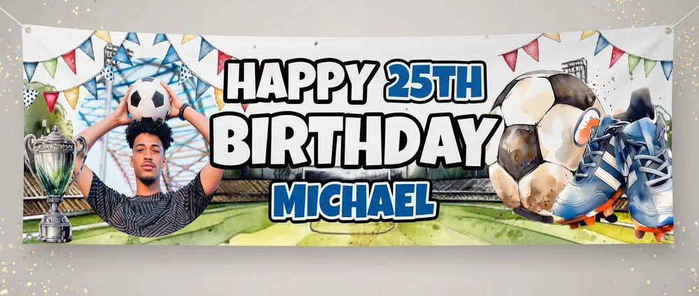 Personalised Soccer Theme Birthday Party Banner displayed against a plain studio background