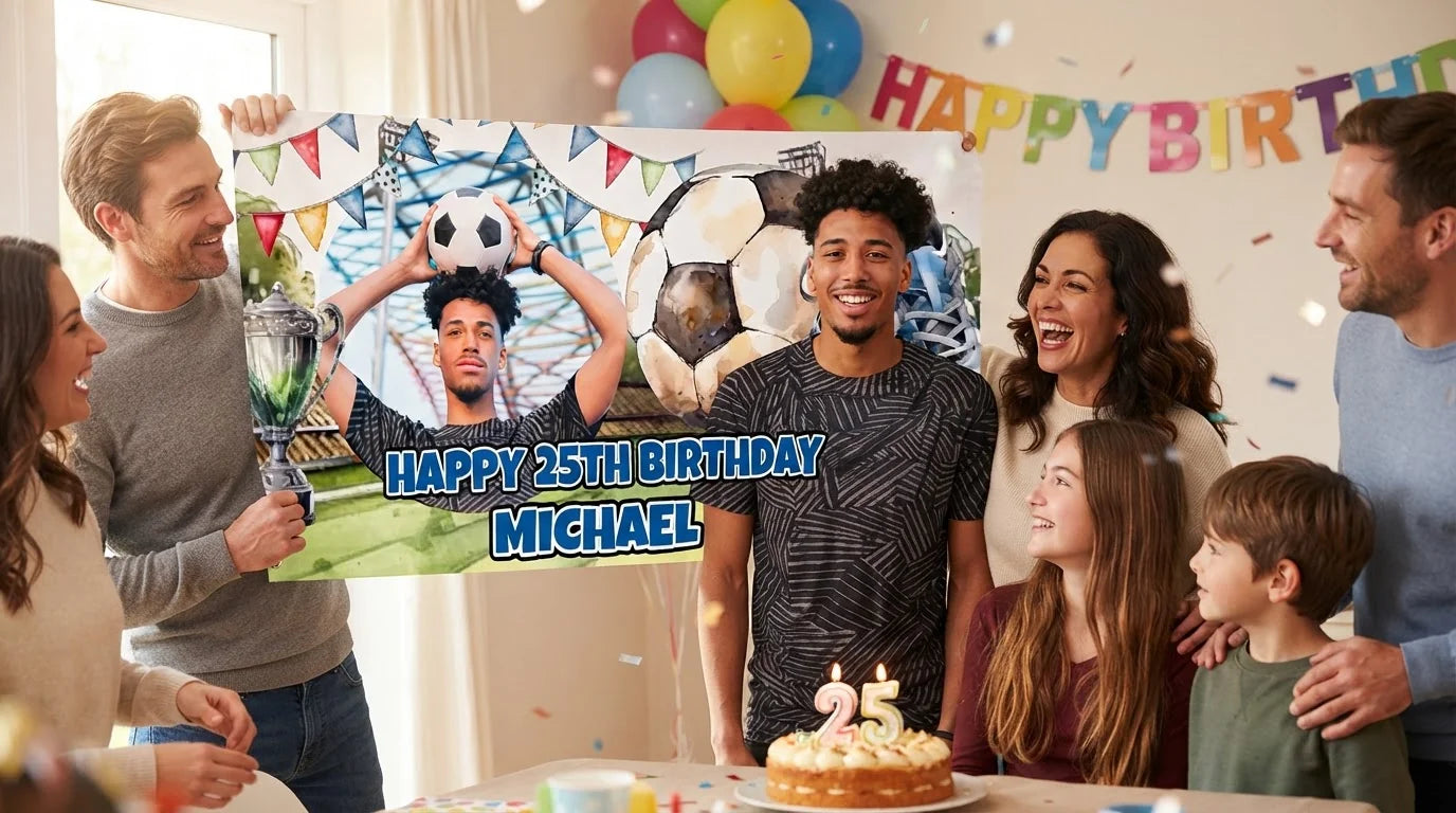 Friends and family celebrating with the personalised Soccer Theme Birthday Party Banner