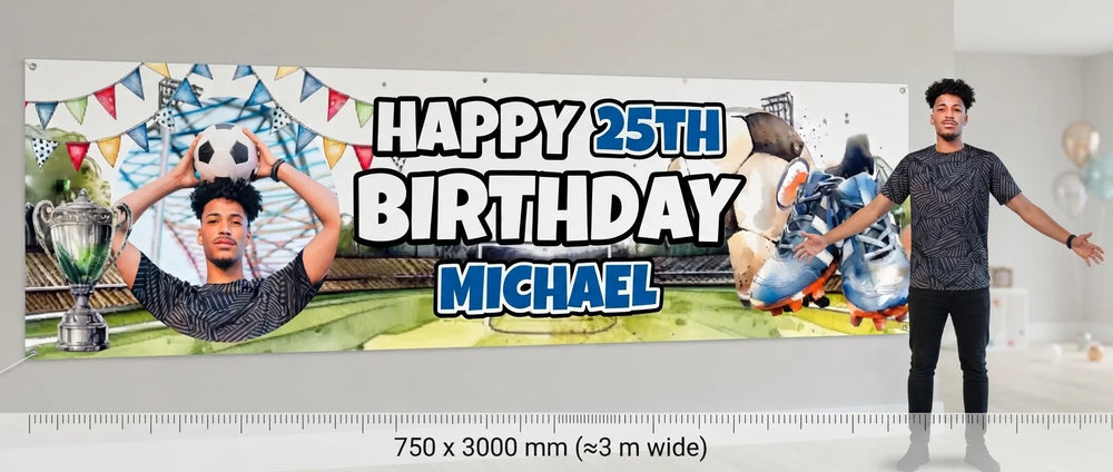 Person standing beside the Soccer Theme Birthday Party Banner for scale, with size guide showing 750 x 3000 mm