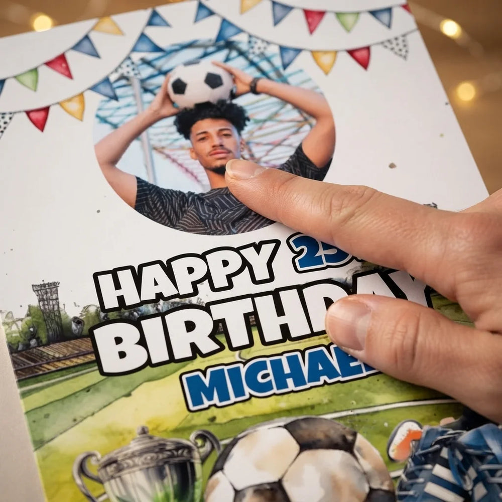 Close-up of the personalised name and photo printed on the Soccer Theme Birthday Party Mega Card