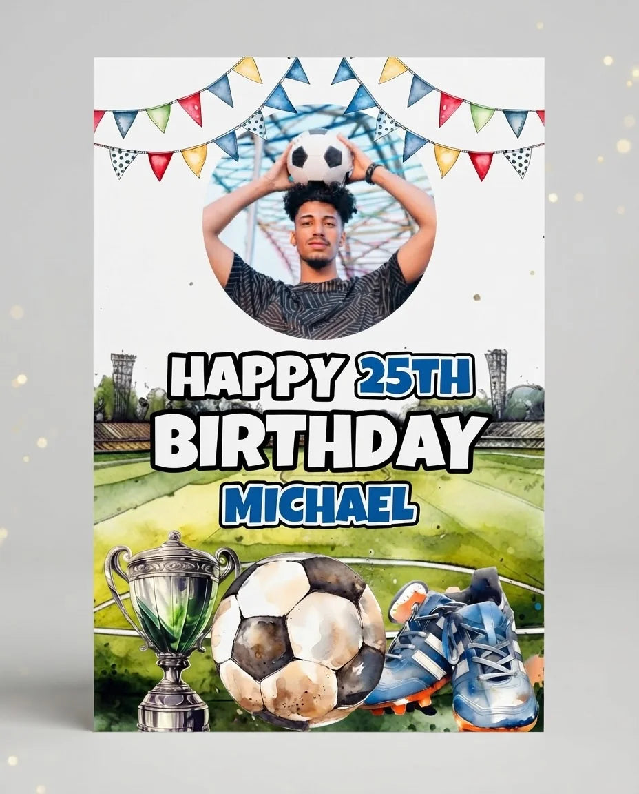 Personalised Soccer Theme Birthday Party Mega Card displayed against a plain studio background