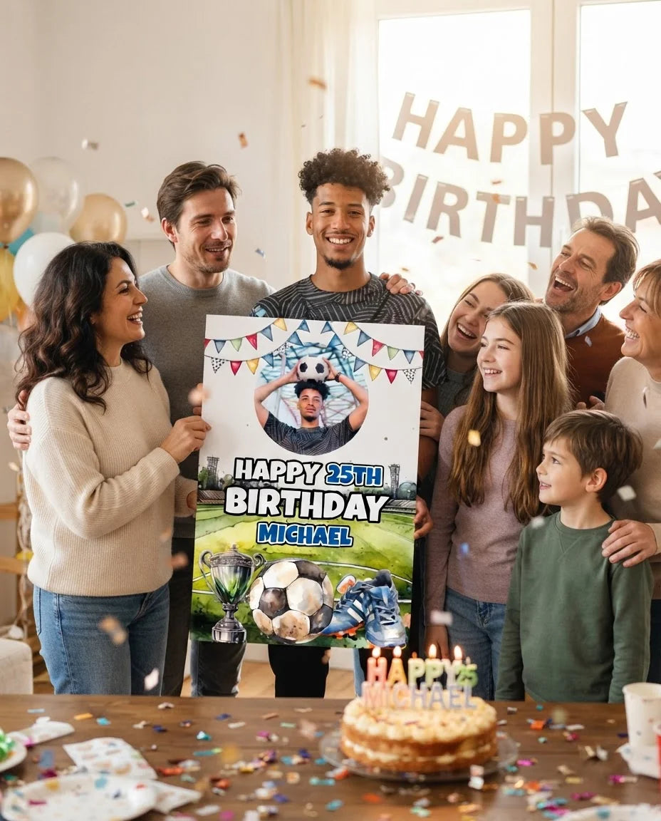 Friends and family celebrating with the personalised Soccer Theme Birthday Party Mega Card