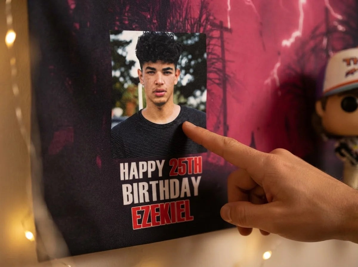 Close-up of the personalised name and photo printed on the Stranger Things Birthday Party Banner