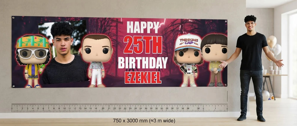 Person standing beside the Stranger Things Birthday Party Banner for scale, with size guide showing 750 x 3000 mm
