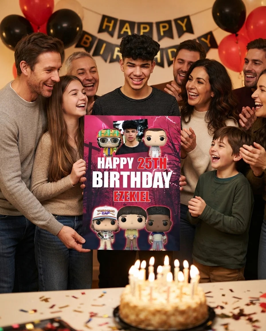 Friends and family celebrating with the personalised Stranger Things Birthday Party Mega Card