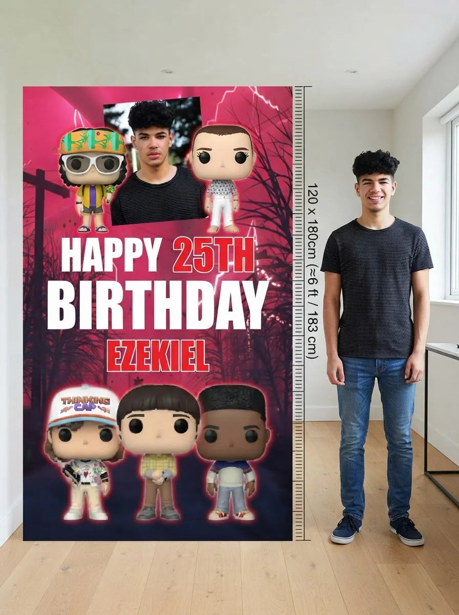 Person standing beside the Stranger Things Birthday Party Mega Card for scale in a size guide
