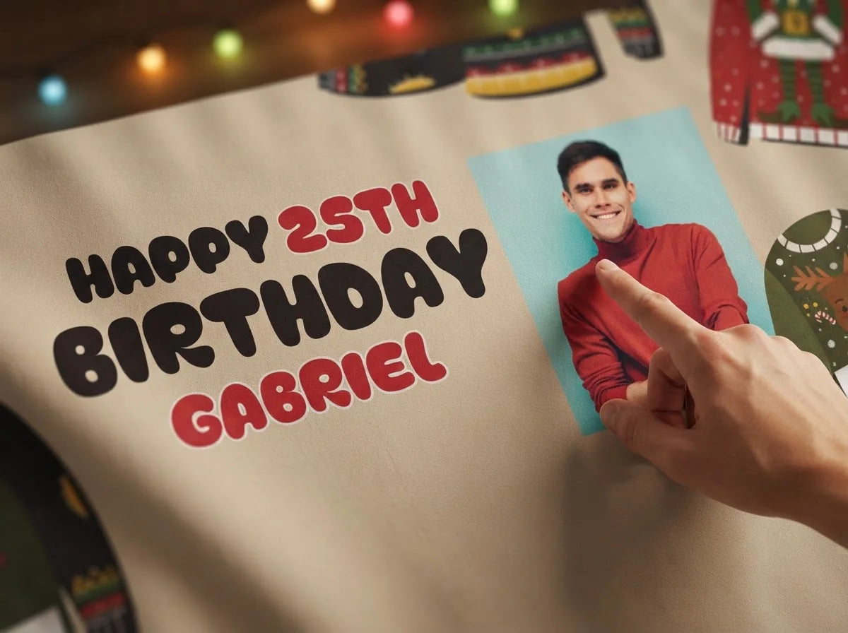 Close-up of the personalised name and photo printed on the Ugly Christmas Sweater Birthday Party Banner
