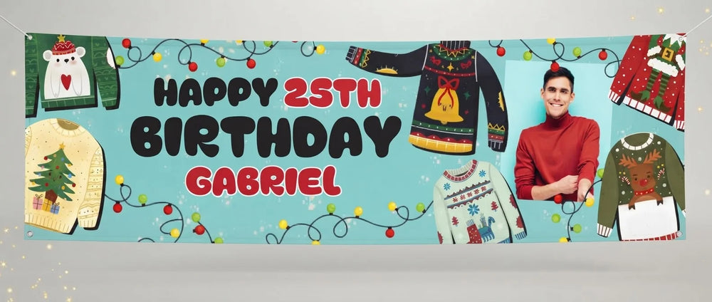 Personalised Ugly Christmas Sweater Birthday Party Banner displayed against a plain studio background