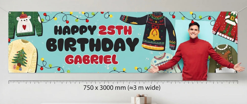 Person standing beside the Ugly Christmas Sweater Birthday Party Banner for scale, with size guide showing 750 x 3000 mm
