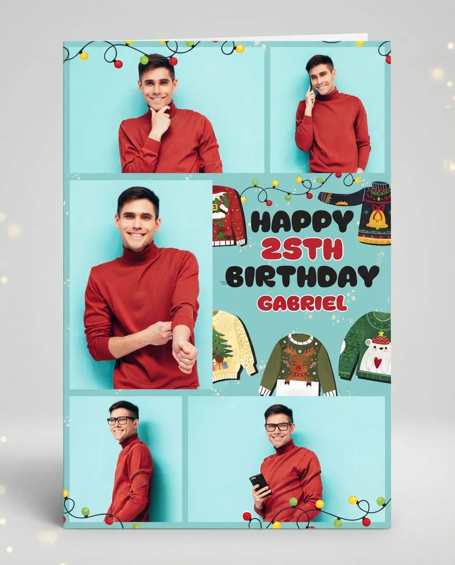 Personalised Ugly Christmas Sweater Birthday Party Mega Card displayed against a plain studio background