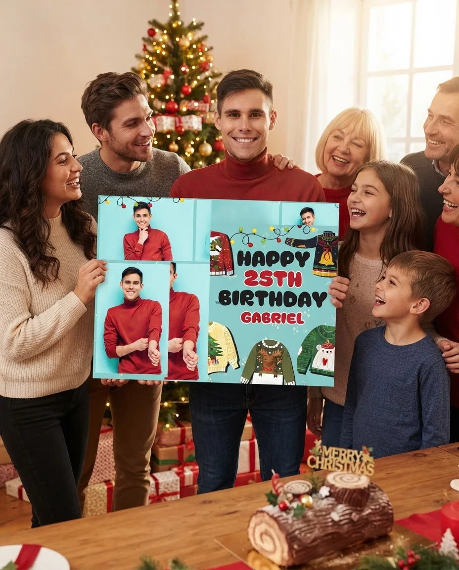 Friends and family celebrating with the personalised Ugly Christmas Sweater Birthday Party Mega Card