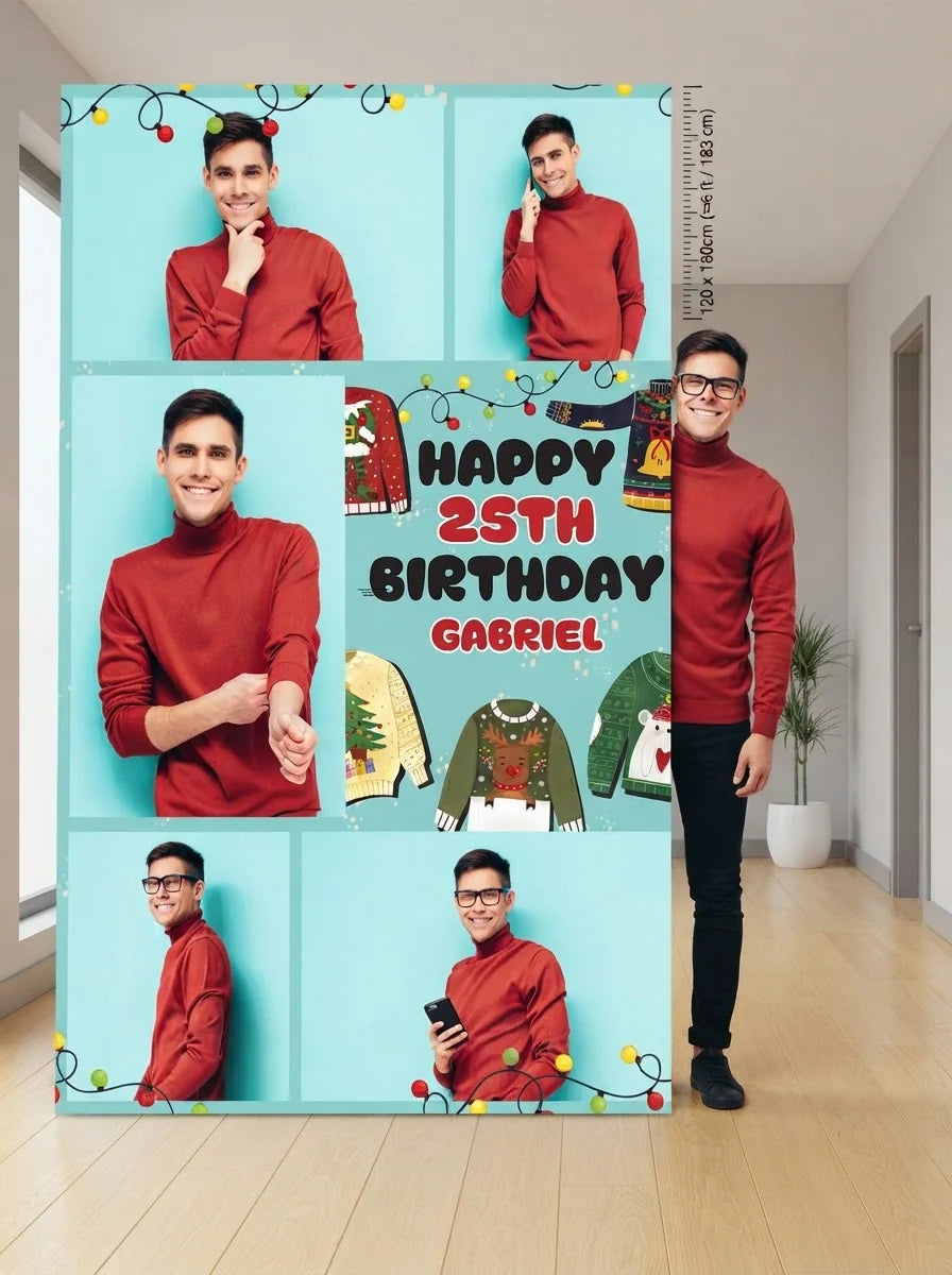 Person standing beside the Ugly Christmas Sweater Birthday Party Mega Card for scale in a size guide