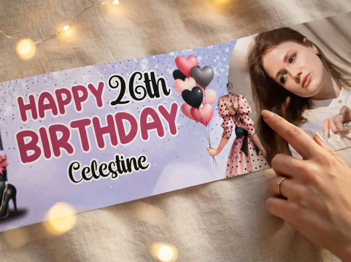 Close-up of the personalised name and photo printed on the Girl Shopping Birthday Party Banner