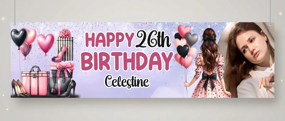 Personalised Girl Shopping Birthday Party Banner displayed against a plain studio background