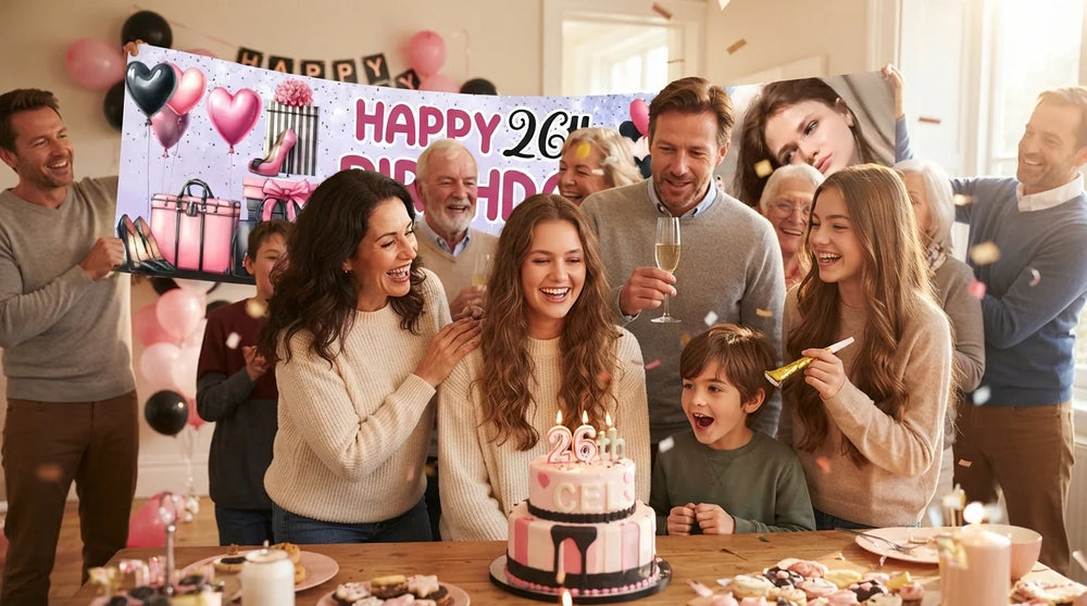 Friends and family celebrating with the personalised Girl Shopping Birthday Party Banner
