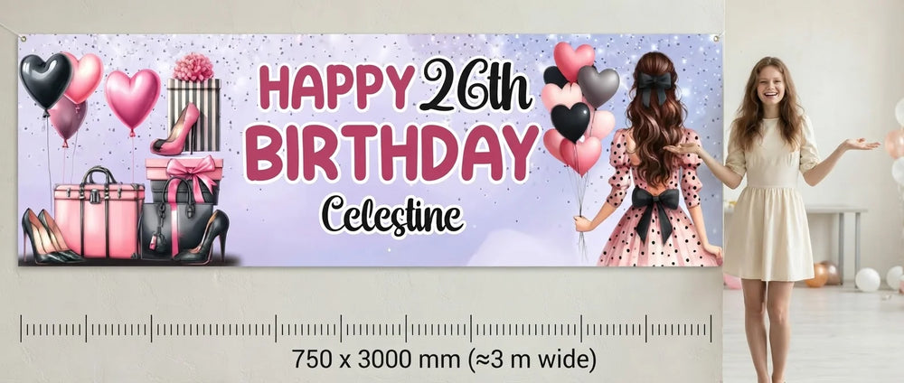 Person standing beside the Girl Shopping Birthday Party Banner for scale, with size guide showing 750 x 3000 mm