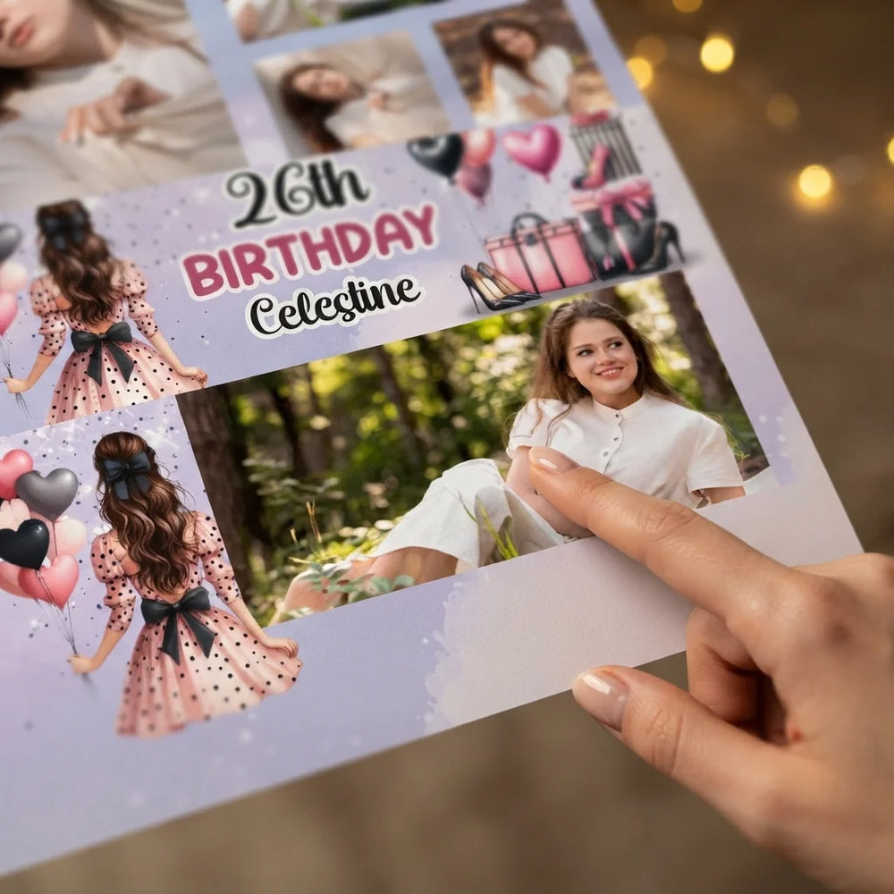 Close-up of the personalised name and photo printed on the Girl Shopping Birthday Party Mega Card