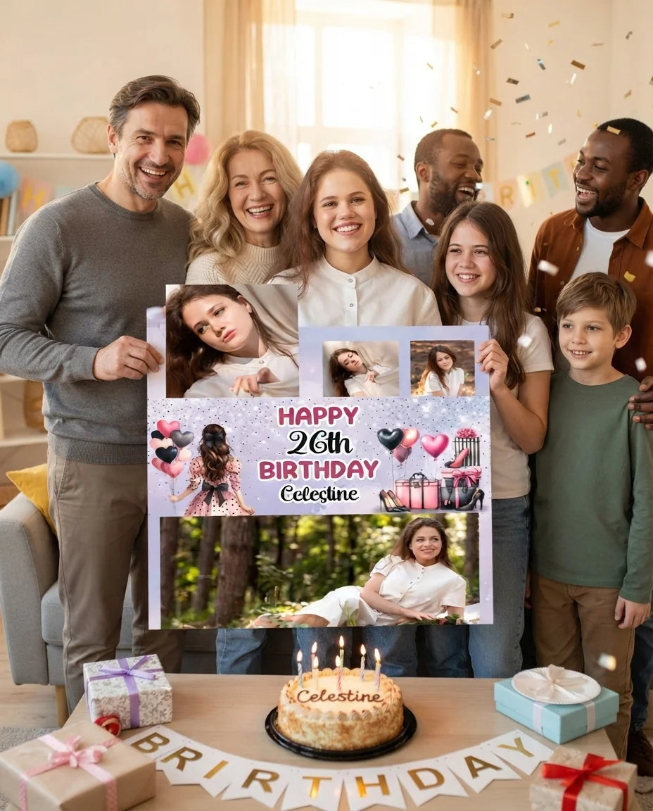 Friends and family celebrating with the personalised Girl Shopping Birthday Party Mega Card