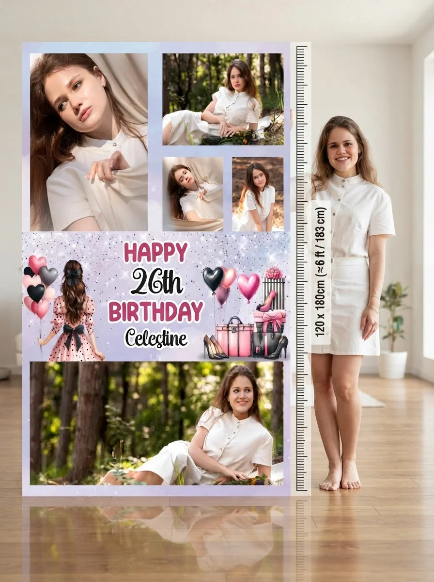 Person standing beside the Girl Shopping Birthday Party Mega Card for scale in a size guide