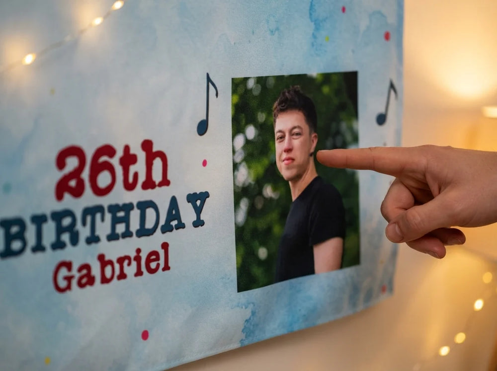 Close-up of the personalised name and photo printed on the Guitar Music Theme Birthday Party Banner