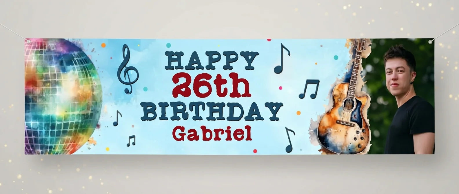 Personalised Guitar Music Theme Birthday Party Banner displayed against a plain studio background