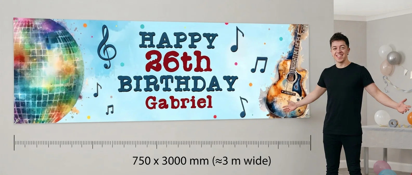 Person standing beside the Guitar Music Theme Birthday Party Banner for scale, with size guide showing 750 x 3000 mm
