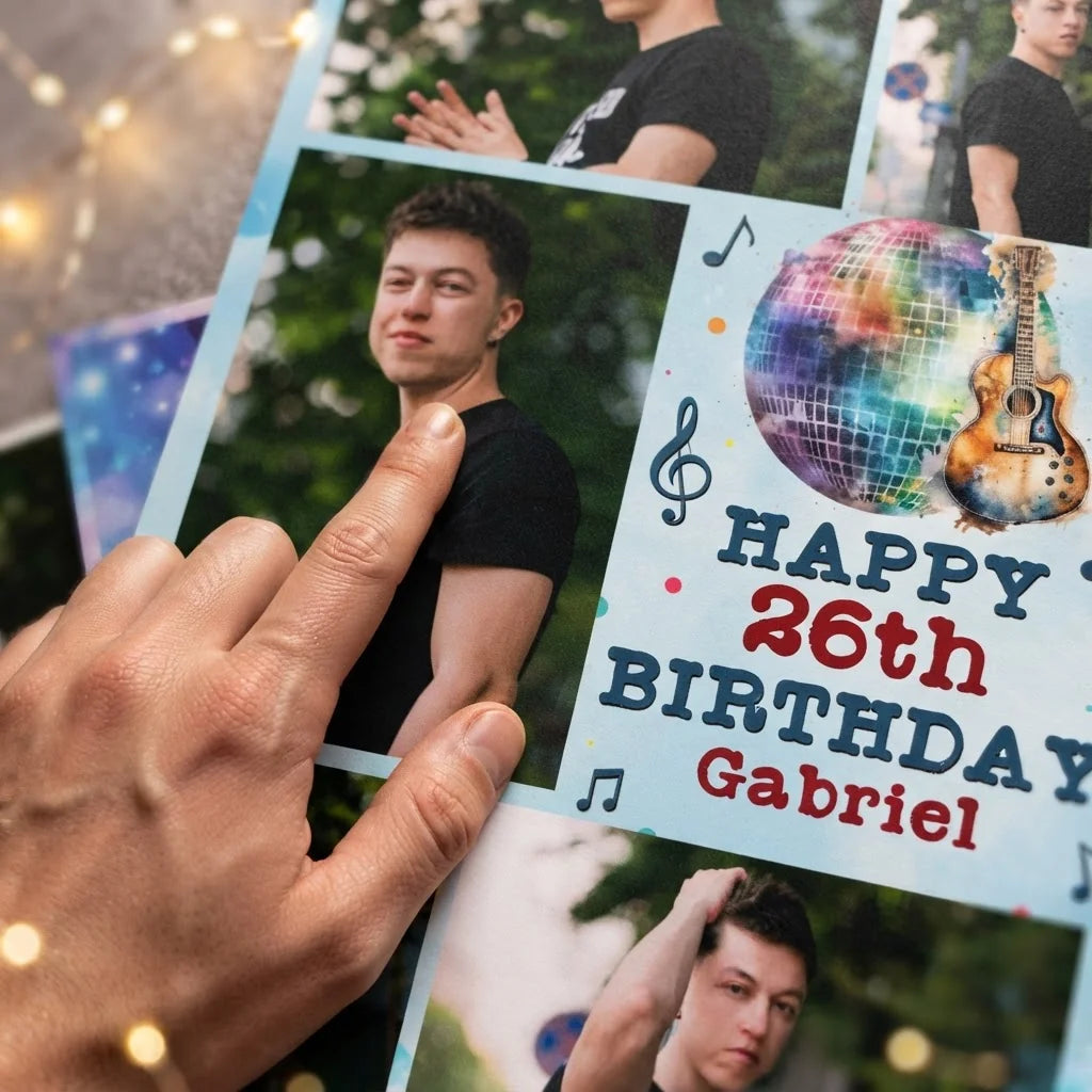 Close-up of the personalised name and photo printed on the Guitar Music Theme Birthday Party Mega Card
