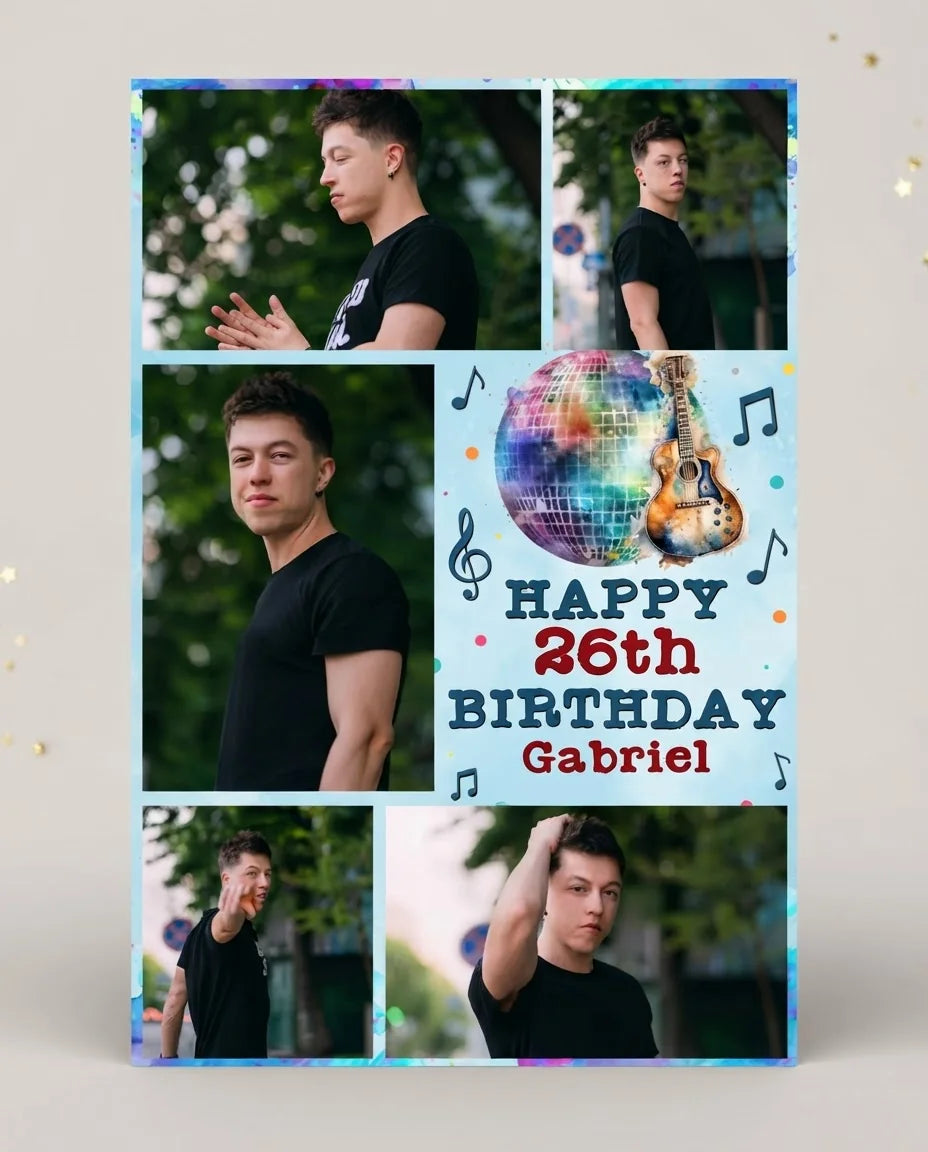 Personalised Guitar Music Theme Birthday Party Mega Card displayed against a plain studio background