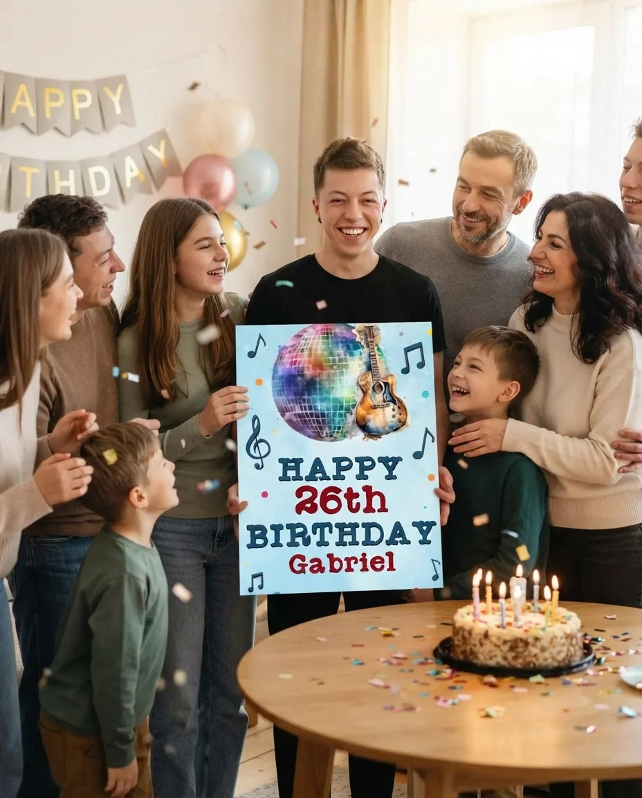 Friends and family celebrating with the personalised Guitar Music Theme Birthday Party Mega Card