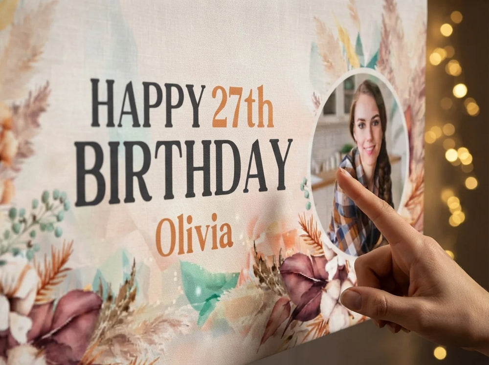 Close-up of the personalised name and photo printed on the Boho Pampas Grass Theme Birthday Banner
