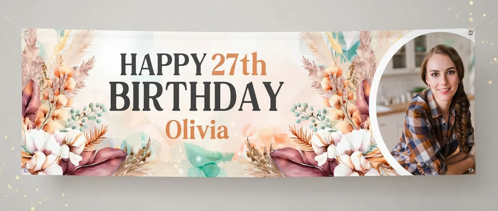 Personalised Boho Pampas Grass Theme Birthday Banner displayed against a plain studio background