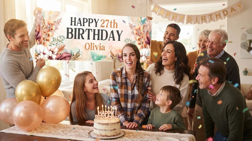 Friends and family celebrating with the personalised Boho Pampas Grass Theme Birthday Banner