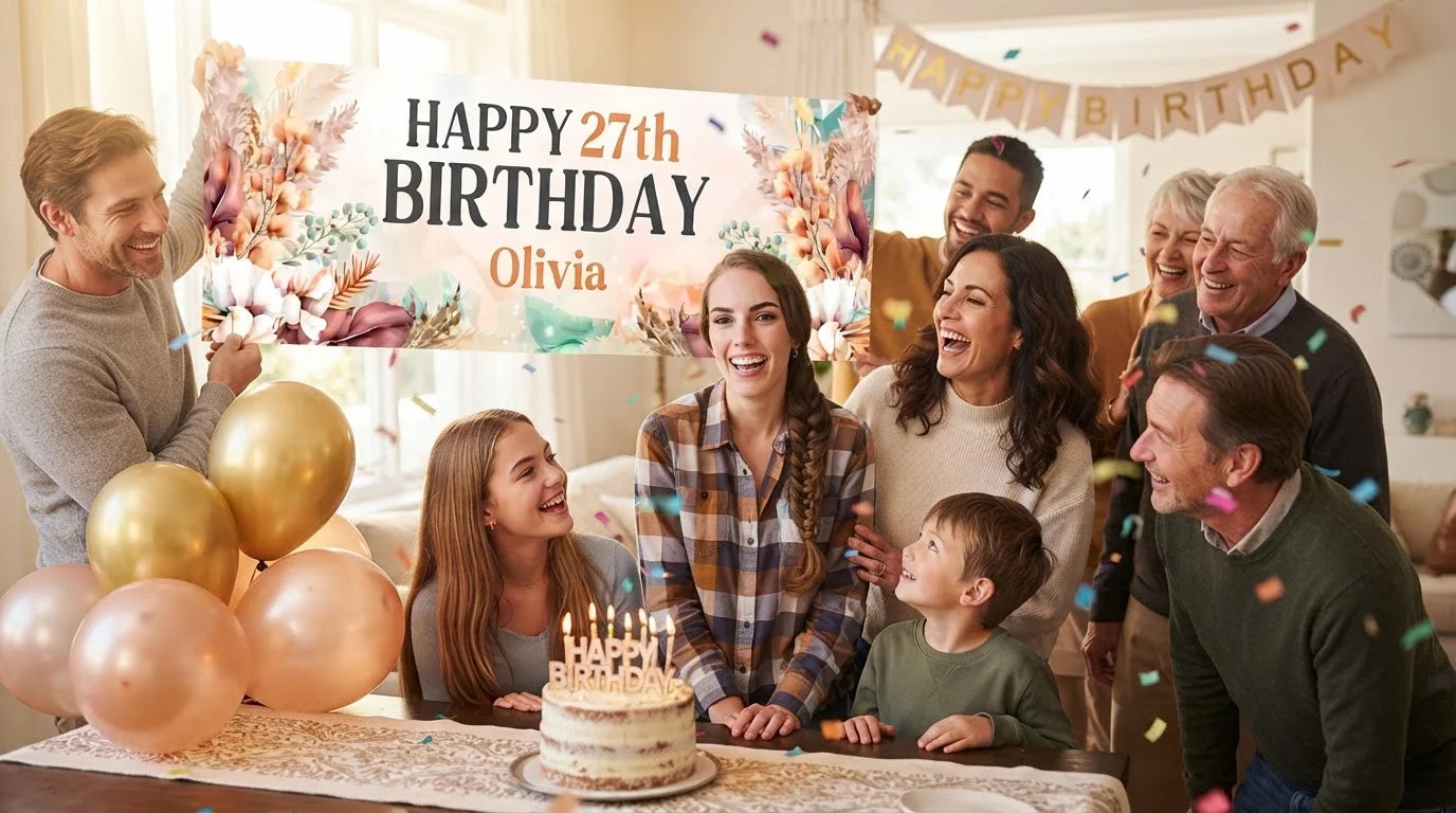 Friends and family celebrating with the personalised Boho Pampas Grass Theme Birthday Banner