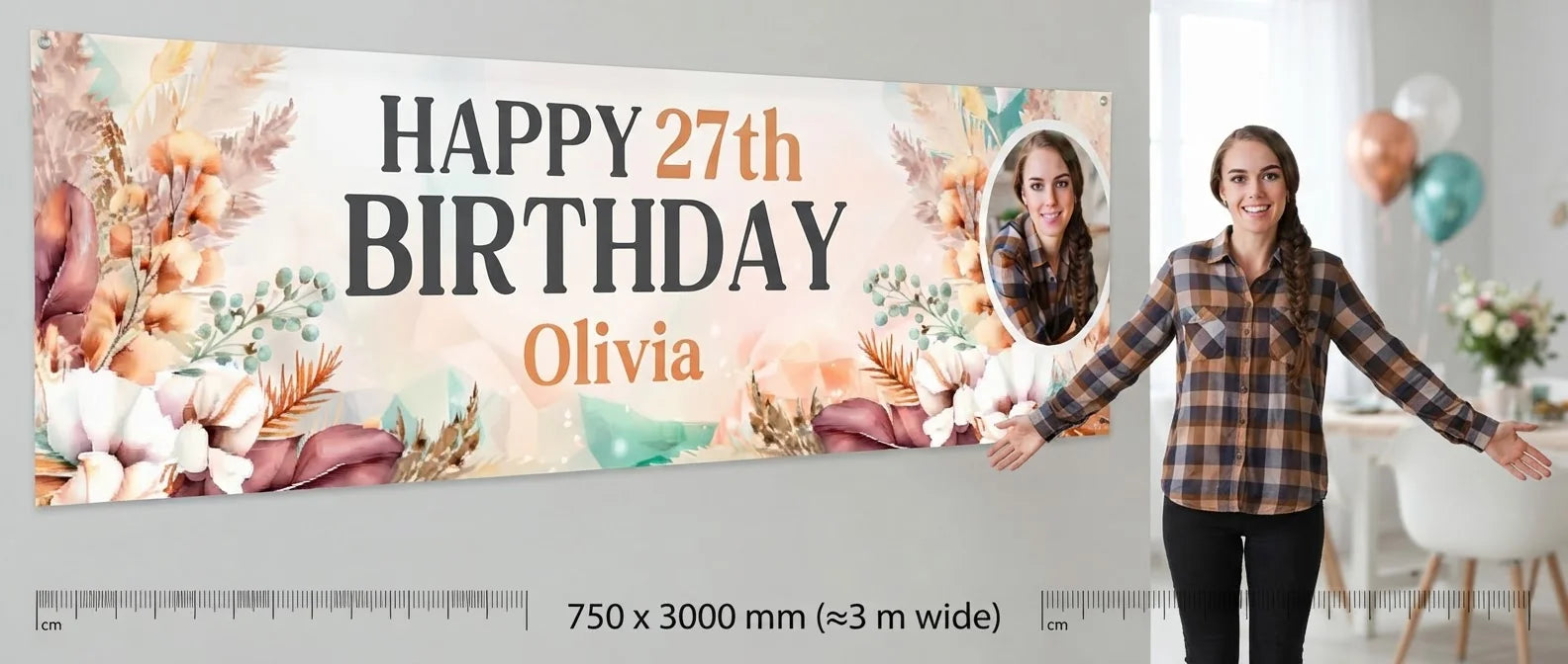 Person standing beside the Boho Pampas Grass Theme Birthday Banner for scale, with size guide showing 750 x 3000 mm