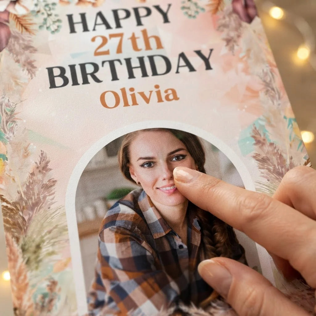 Close-up of the personalised name and photo printed on the Boho Pampas Grass Theme Birthday Mega Card