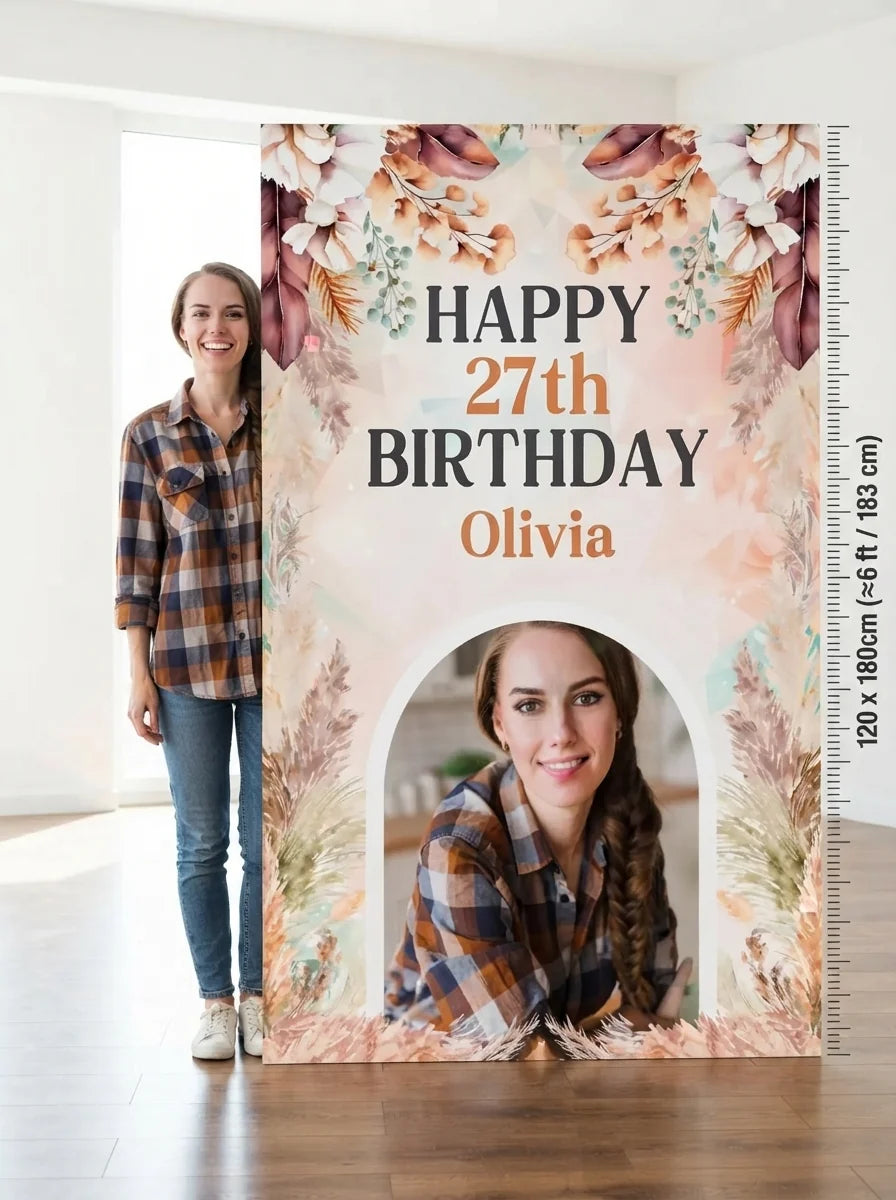 Person standing beside the Boho Pampas Grass Theme Birthday Mega Card for scale in a size guide