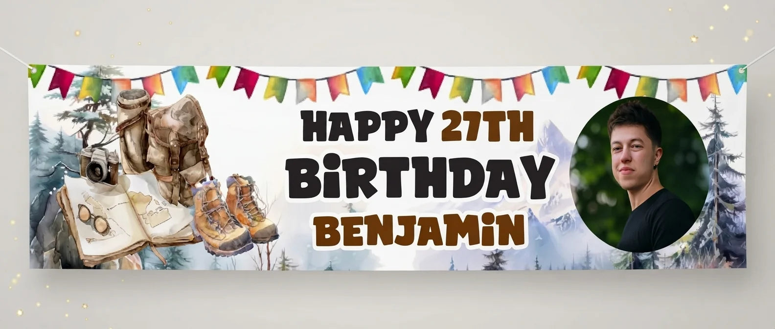 Personalised Hiking Theme Birthday Party Banner displayed against a plain studio background
