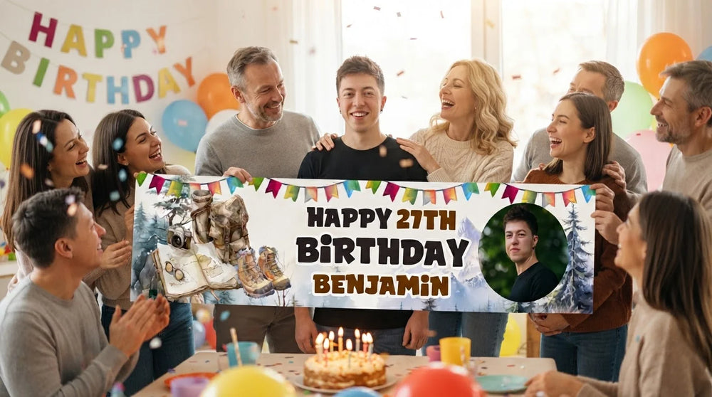 Friends and family celebrating with the personalised Hiking Theme Birthday Party Banner