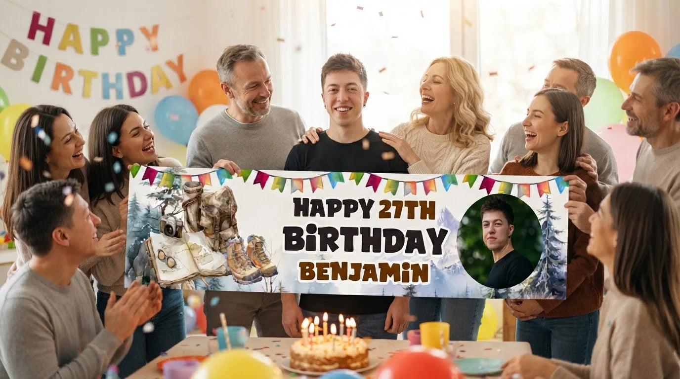 Friends and family celebrating with the personalised Hiking Theme Birthday Party Banner