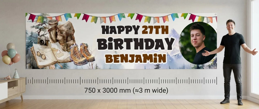 Person standing beside the Hiking Theme Birthday Party Banner for scale, with size guide showing 750 x 3000 mm