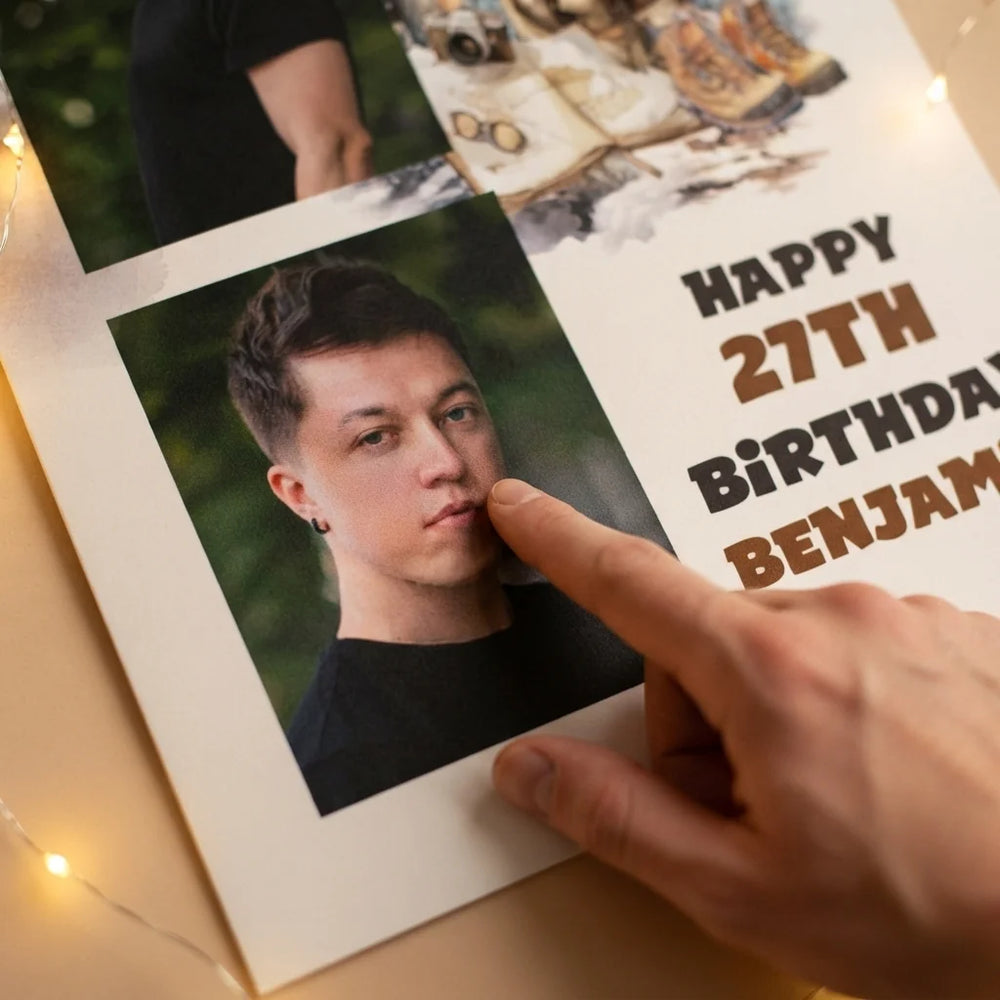 Close-up of the personalised name and photo printed on the Hiking Theme Birthday Party Mega Card